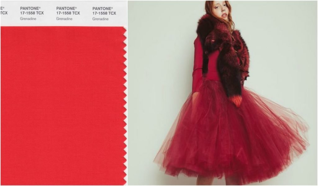 Modelo con tutú y pieles de color grenadine diseñados por Beatríz Peñalver
